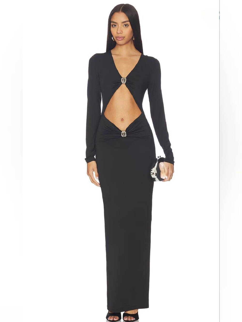 Superdown Long Sleeve Cutout Black Maxi  Dress with Metal Accents Arlowe